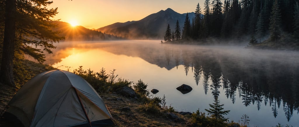 A camping tent by a misty lake at sunrise with mountain reflections in the water.