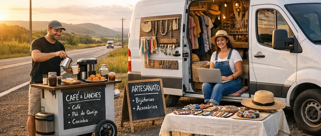 Mobile pop-up shop with handmade jewelry and coffee stand roadside at sunset.