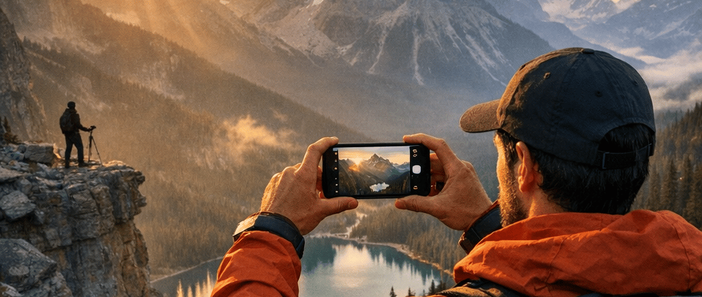 Photographer taking a smartphone photo of a mountain sunrise with a drone flying nearby.