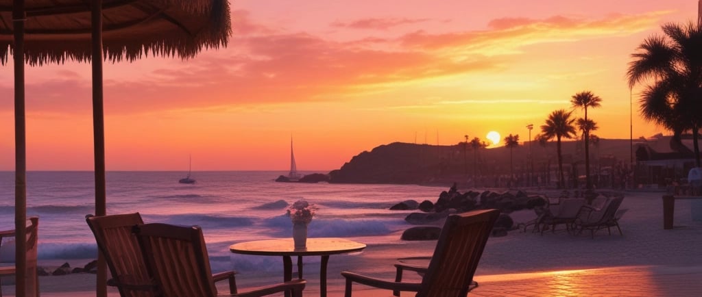 a table with chairs and umbrellas on a brick patio