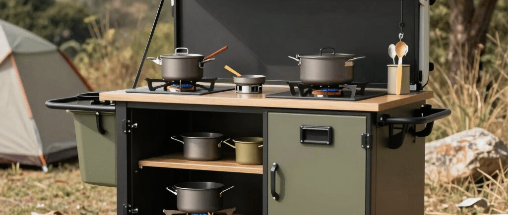 Portable outdoor camp kitchen cart with a gas stove and cookware set up at a campsite.