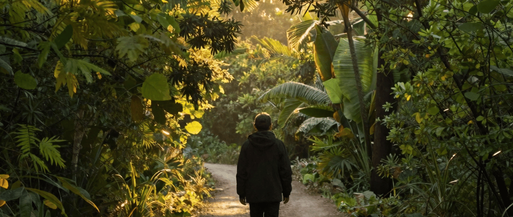 A person walking on a dirt path through a lush tropical forest during golden hour sunset.