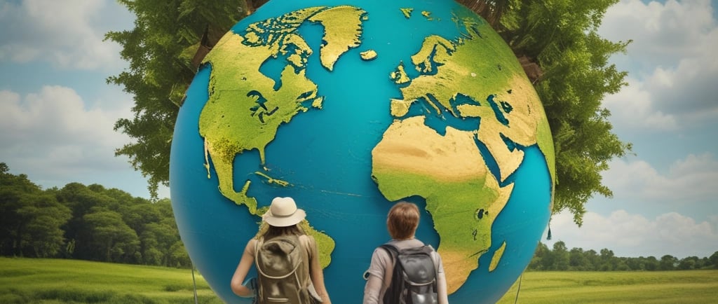 Two hikers with backpacks looking at a giant earth globe covered in green trees in a field.