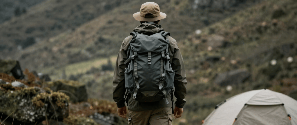 A solo hiker with a backpack walks past a tent during a minimalist mountain camping adventure.