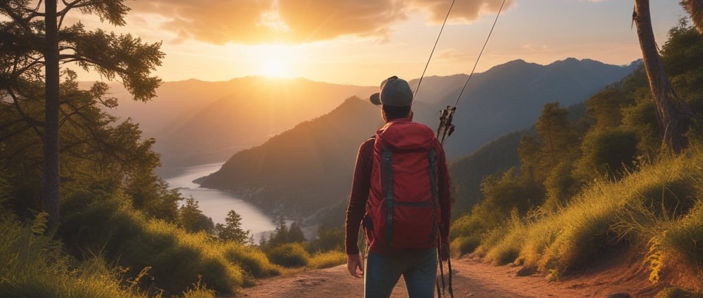 A hiker with a red backpack walks down a mountain path during a golden sunset over a scenic valley lake.