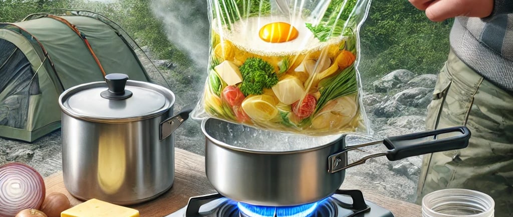 A person cooking an omelet in a plastic bag over a portable camping stove in the wilderness.