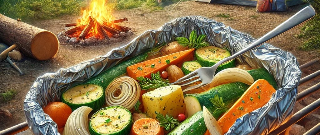 Fresh vegetables grilling in foil over a campfire at a scenic forest campsite with a tent.