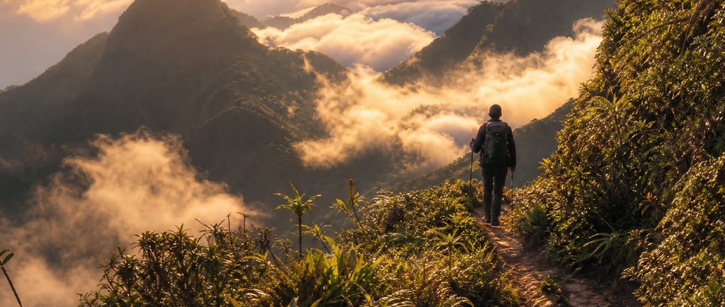 A hiker with a backpack walks on a mountain trail overlooking a golden sunrise and clouds.