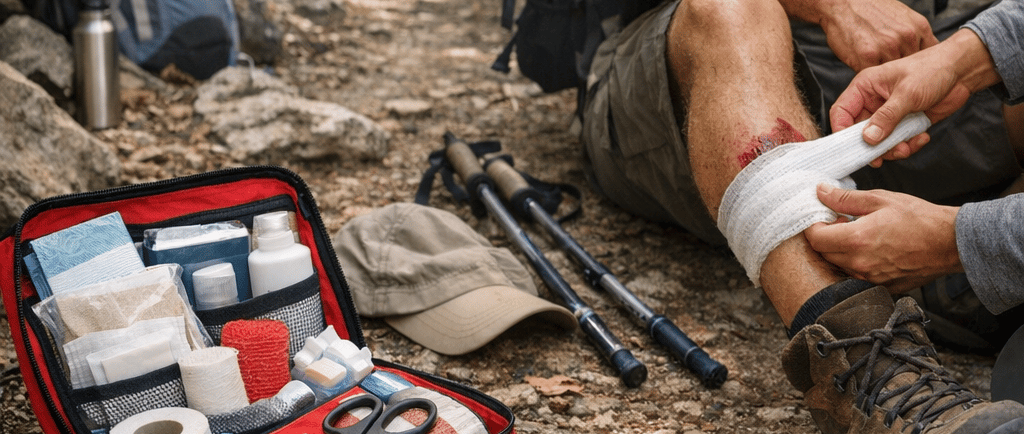 A hiker uses a first aid kit to bandage a leg injury on a rocky forest trail.