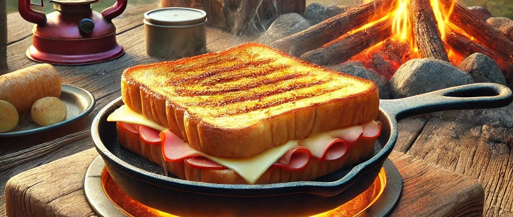 Grilled ham and cheese sandwich in a cast iron skillet by a cozy campfire at a scenic campsite.