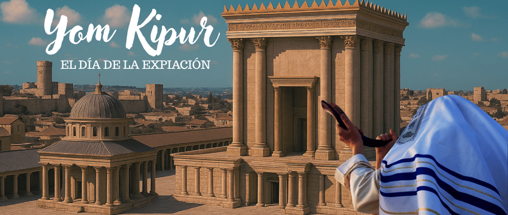 Man with talid blowing the shofar in front of the Jerusalem temple built by Solomon on Yom Kippur
