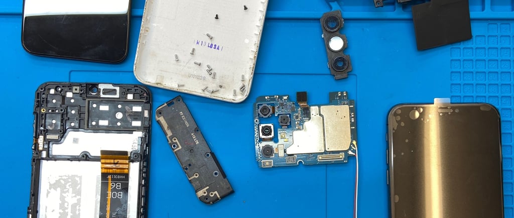 Phone repairs on a blue surface