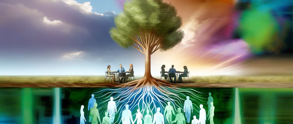 a group of people standing around a tree