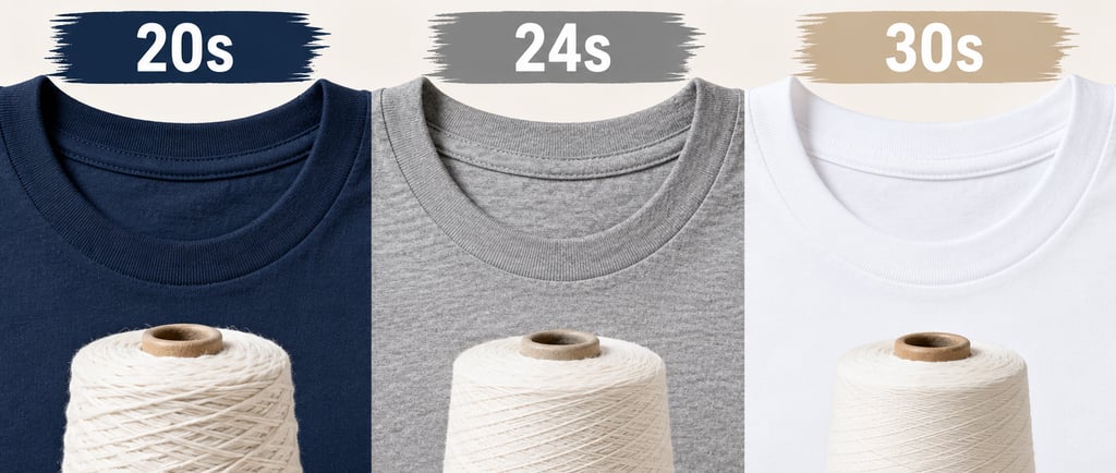 Comparison of cotton combed fabric weights 20s, 24s, and 30s displayed with t-shirt necklines and yarn spools.