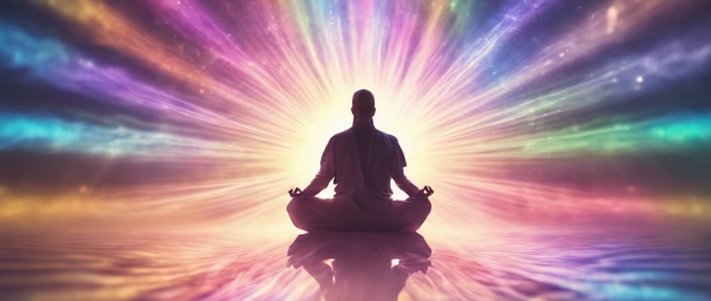 Un homme médite en position du lotus face à une lumière rayonnante multicolore