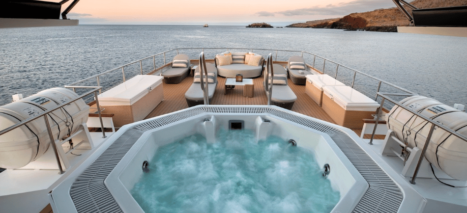 Outdoors area and interior of a luxury Galapagos yacht designed for private charters