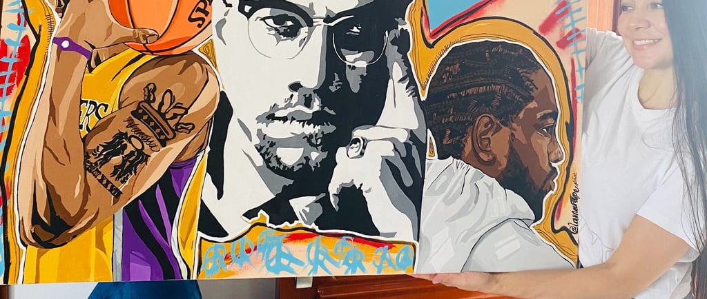 Pintora colombiana con estilo urbano sobre lienzo y en murales. Cuadro afro con estilo graffiti.