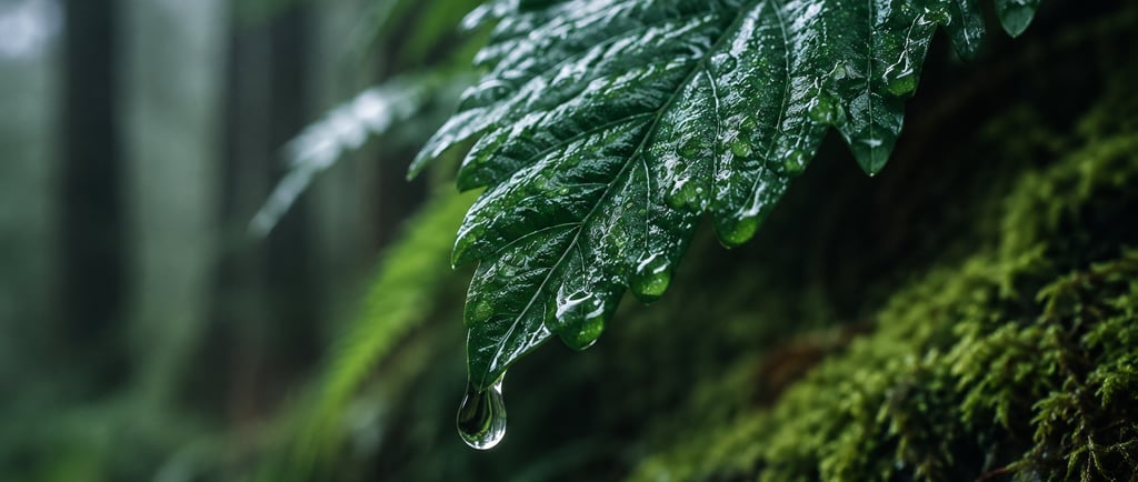 Close-up of a green fern leaf with fresh rain droplets in a lush misty forest setting.
