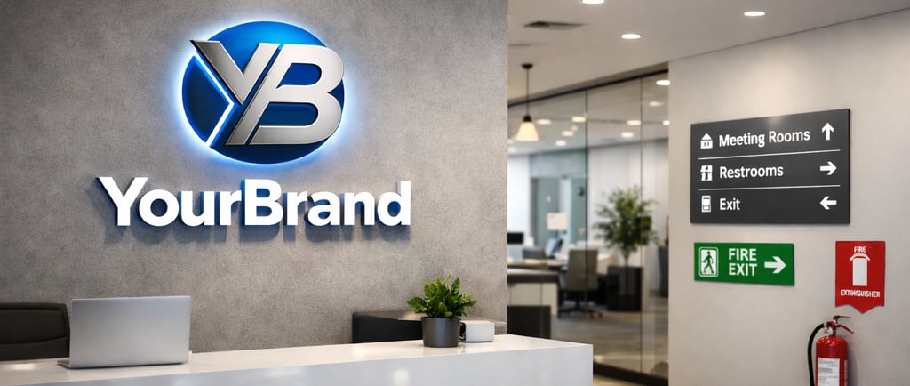 Modern office interior featuring innovative indoor signage solutions that enhance workplace ambience