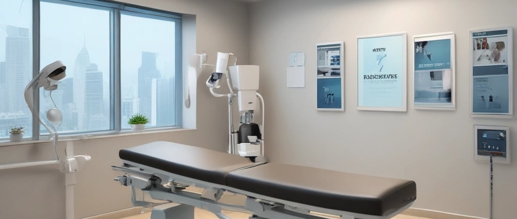a medical examination room with a table and a table