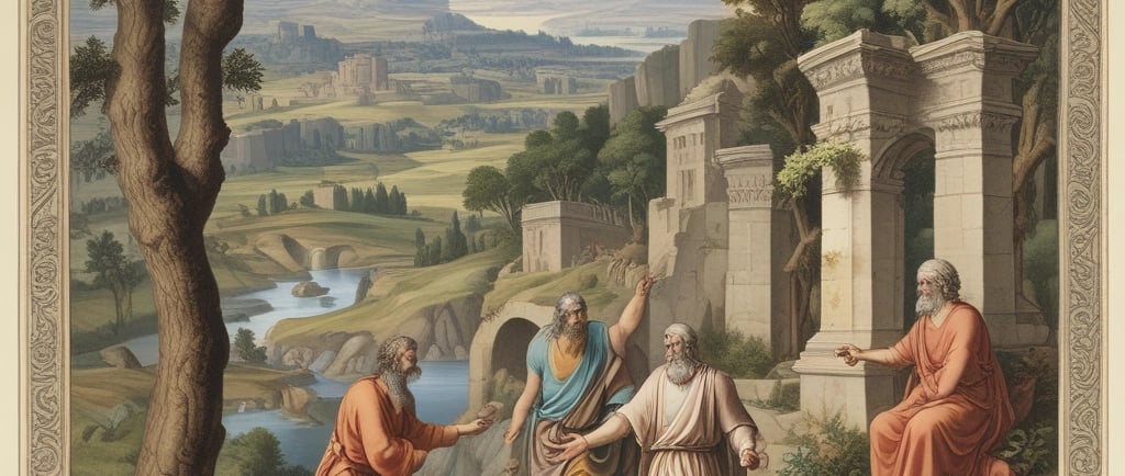 A classical stone statue of a male figure with an upward gaze, draped in a toga-like garment with intricate detailing. The figure's right arm is raised, and the left hand holds a cylindrical object. The statue is set against a softly lit sky backdrop.