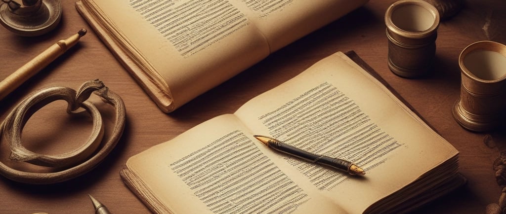 A cozy writing desk surrounded by fantasy books and a glowing lamp.