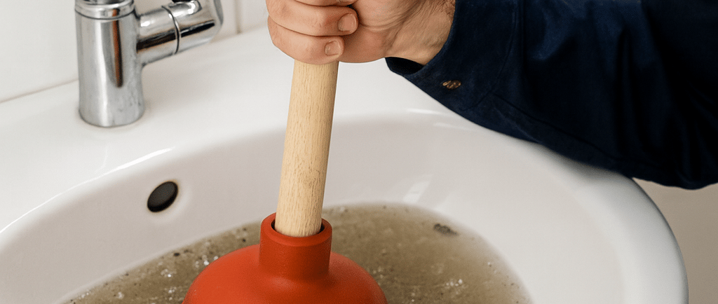 a man in a blue shirt is holding a plunger