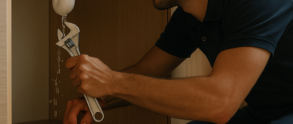 a man in a blue shirt is fixing a sink