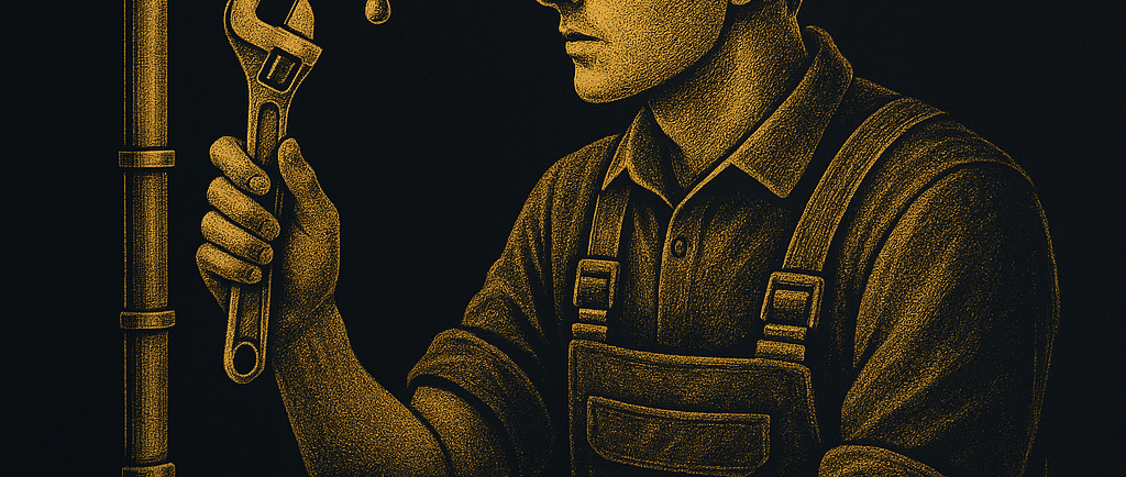 a man in a cap and overalls holding a wrenet