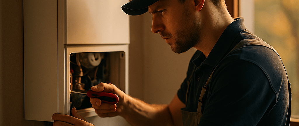a man in a cap hat is fixing a hot water heater