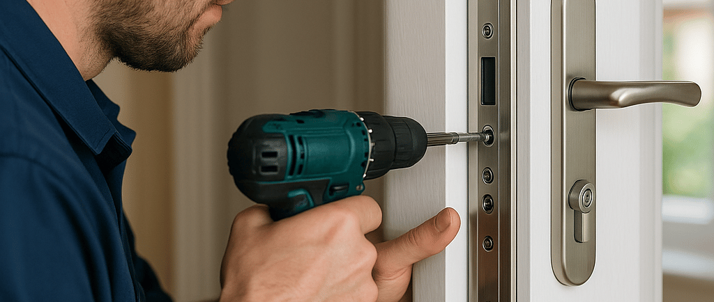 a man is using a drillet to fix a door handle
