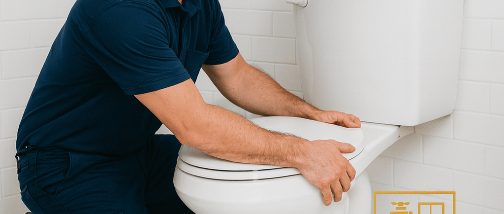 a man in a blue shirt and a hat is fixing a toilet