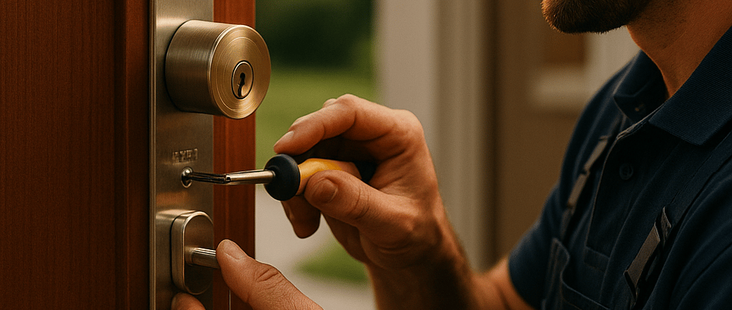 a man in a cap and a hat is holding a key lock on a door