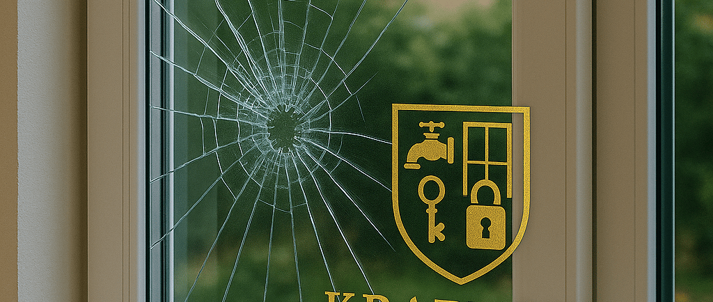 a broken glass window with a shield on it