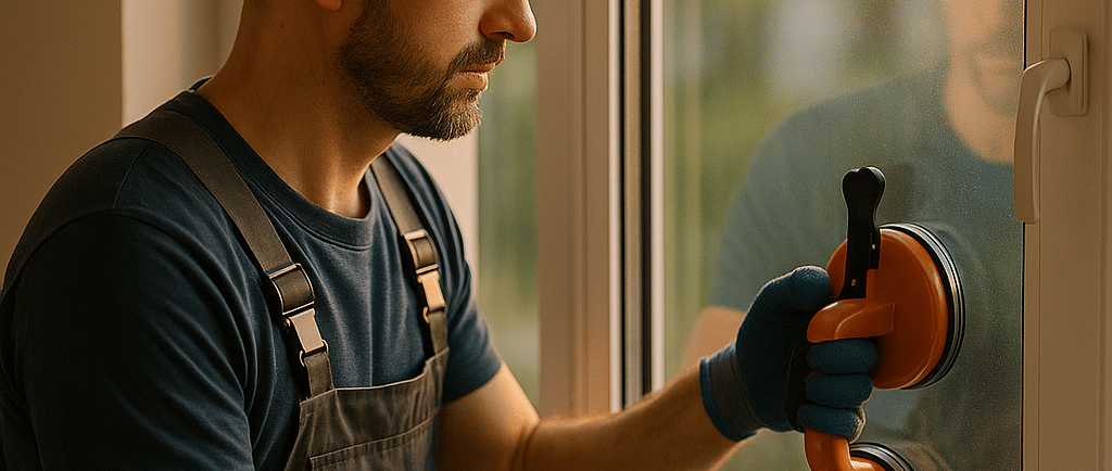 a man in a blue shirt is holding a pair of gloves and a pair of