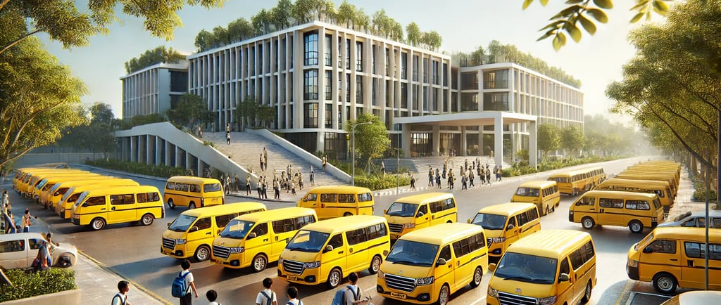 a big school and many school vans are parked in front the school