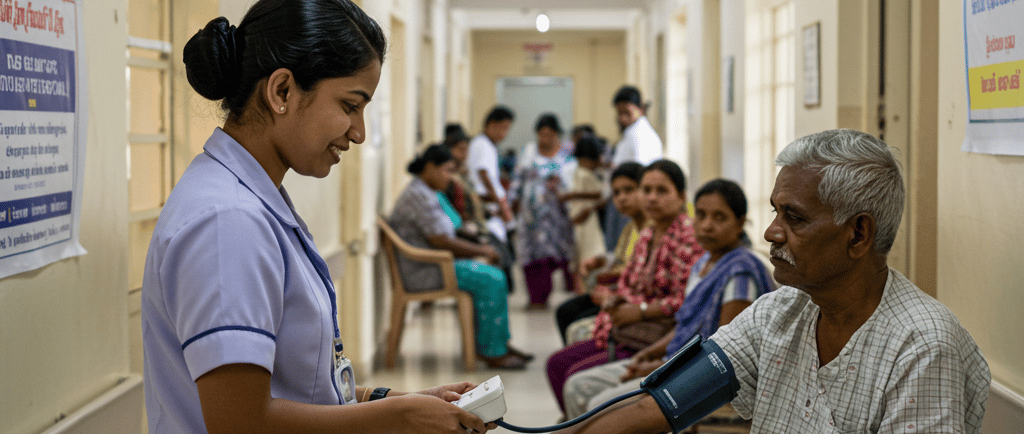 staff nurse checking BP for a patient