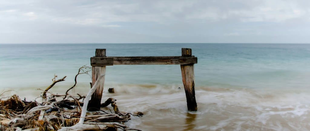 Wooden barrier at ocean shore, symbolizing slowing down and mindful boundaries.