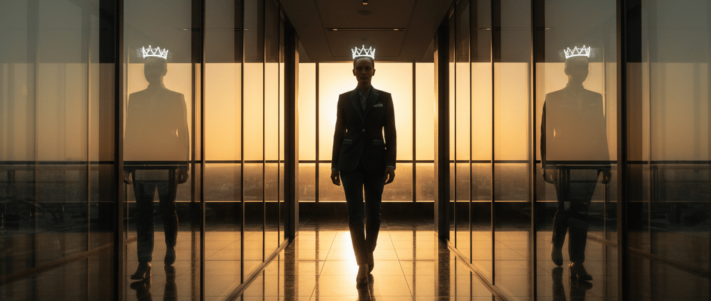 Pessoa confiante caminhando em corredor luxuoso com reflexos dourados e pretos, simbolizando sucesso