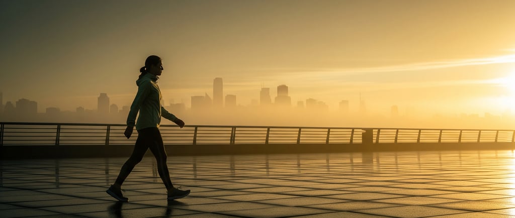 Pessoa caminhando ao amanhecer com céu dourado, simbolizando disciplina matinal, foco e saúde
