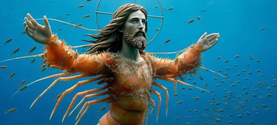 a statue of jesus holding a cross and surrounded by fish