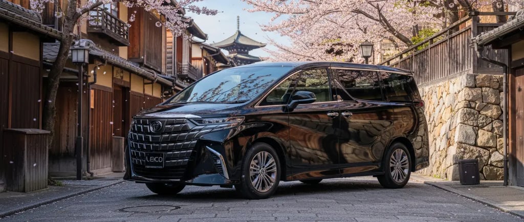 Black luxury Toyota Alphard taxi parked on a historic Kyoto street with cherry blossoms