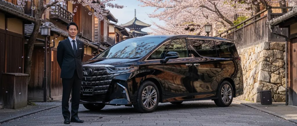Private chauffeur standing next to a black luxury van on a traditional street in Kyoto during cherry
