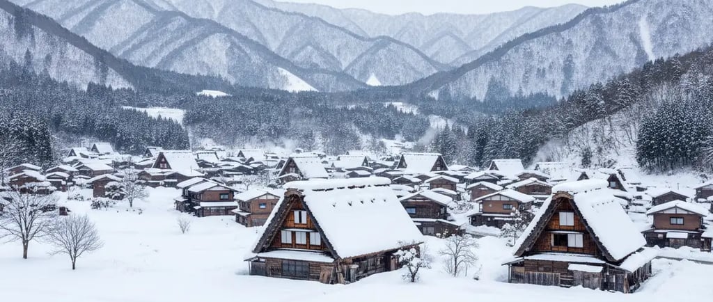 Magical winter illumination of snow-covered Shirakawa-go houses.