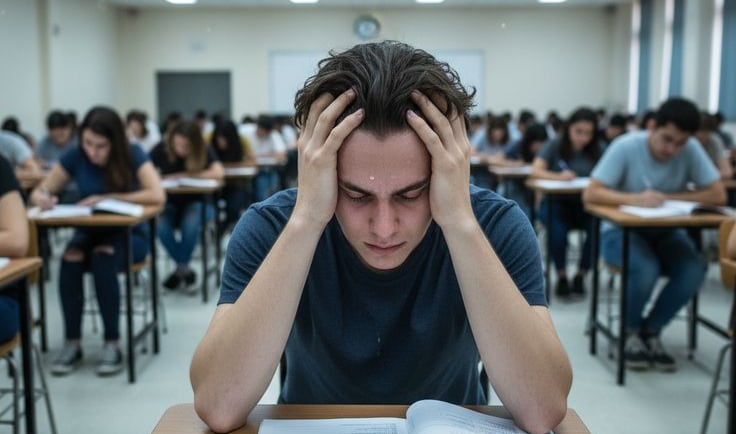 Etudiant stressé en salle d'examen qui tient sa tête dans ses mains 