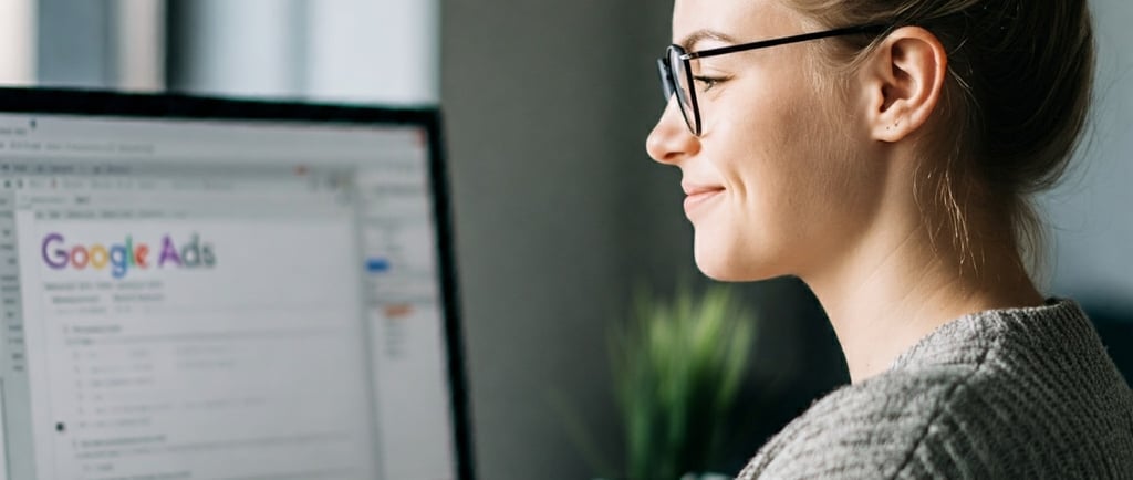 A photo of a person working on Google Ads with a satisfied expression.