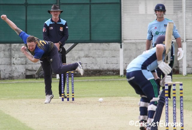 Stephen Bunting of Woodvale bowls to Ryan Hunter of CSNI, courtesy of CricketEurope