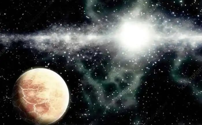 A desert planet with a cracked surface orbits a bright star within a glowing nebula and star field.