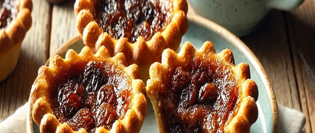 Rich Canadian, maple butter tarts in a flaky pastry, served warm on a rustic plate in a cozy kitchen