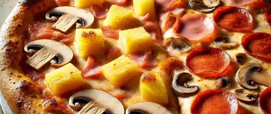 Homemade Canadian pizza with half ham and pineapple, half pepperoni and mushroom on golden crust.